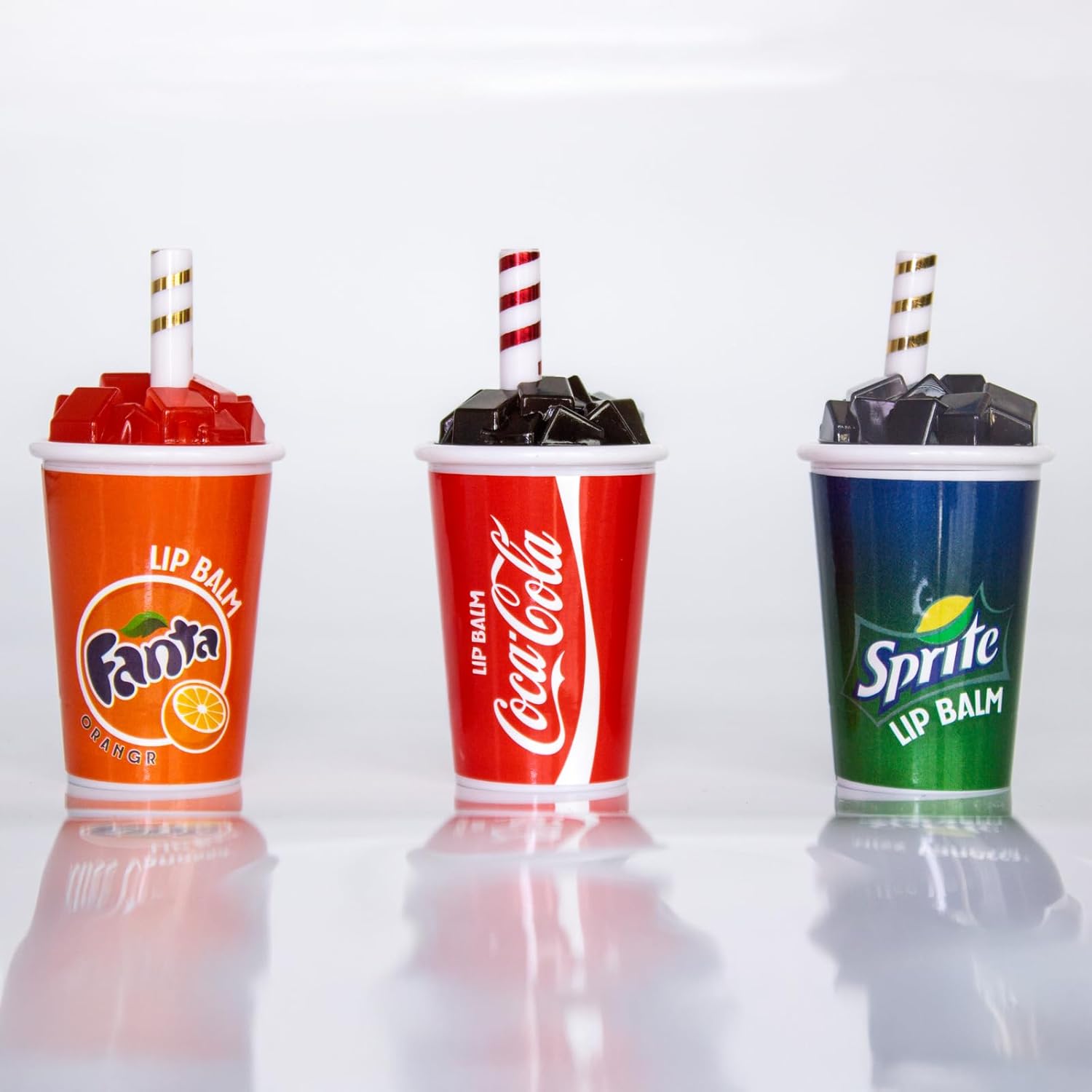Bundle Soda POP Flavored Lip Balm Set of 3 Cola, Sprite & Fanta Cup Shaped Collection Chapped Lips, Moisturizing, Nourishing Novelty/Party Favors For Girls, Teens, Women Ages 3+