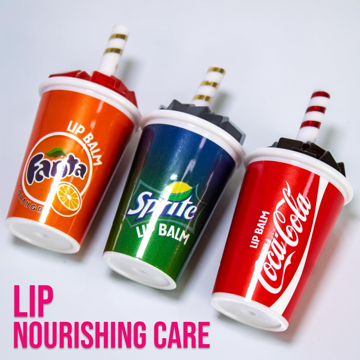 Bundle Soda POP Flavored Lip Balm Set of 3 Cola, Sprite & Fanta Cup Shaped Collection Chapped Lips, Moisturizing, Nourishing Novelty/Party Favors For Girls, Teens, Women Ages 3+