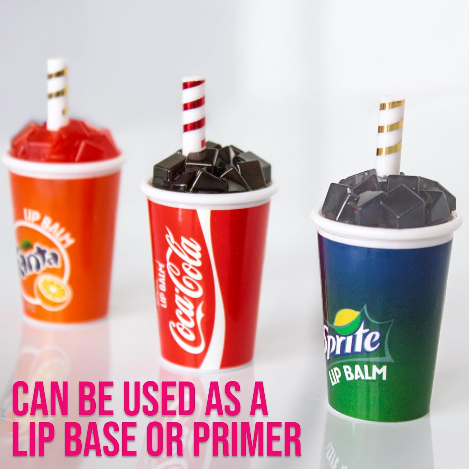 Bundle Soda POP Flavored Lip Balm Set of 3 Cola, Sprite & Fanta Cup Shaped Collection Chapped Lips, Moisturizing, Nourishing Novelty/Party Favors For Girls, Teens, Women Ages 3+