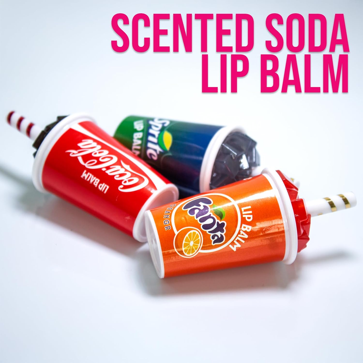 Bundle Soda POP Flavored Lip Balm Set of 3 Cola, Sprite & Fanta Cup Shaped Collection Chapped Lips, Moisturizing, Nourishing Novelty/Party Favors For Girls, Teens, Women Ages 3+