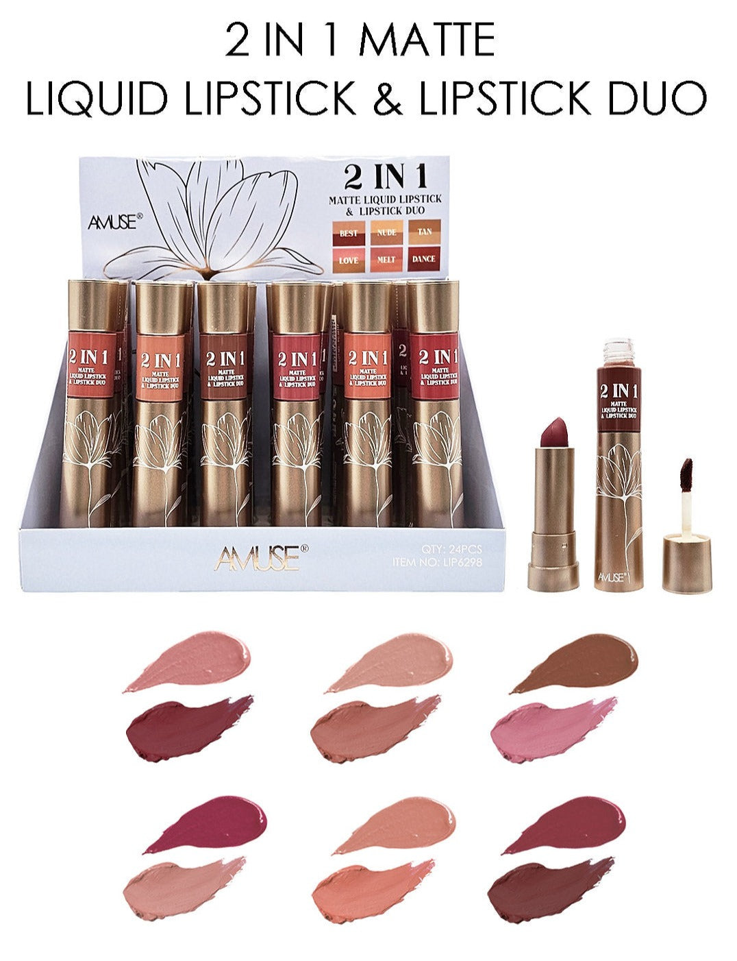 Amuse: 2 in 1 Matte Liquid Lipstick &amp; Lipstick Duo 6 Colors - 24pc display