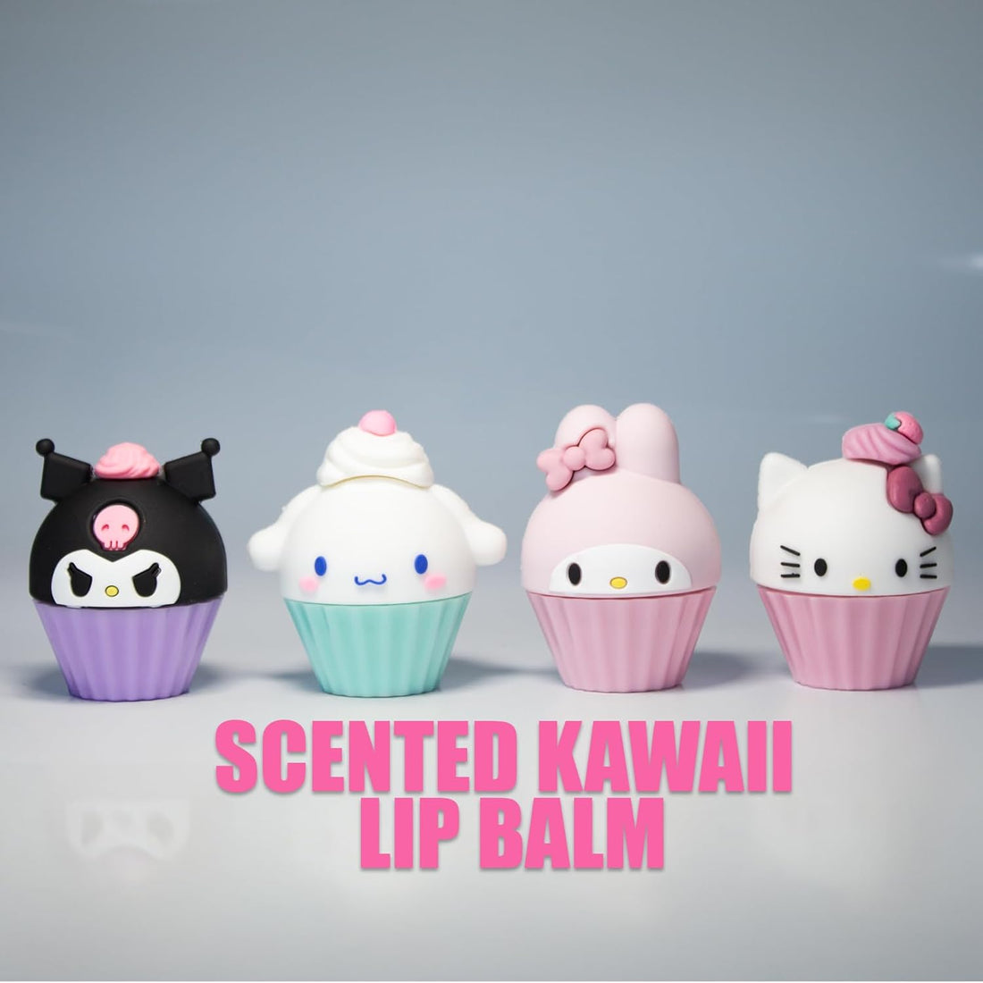 Kawaii Cupcake Scented Lip Balm Set, Hello Kitty &amp; Friends Characters, 4 Pack, Moisturizing Formula
