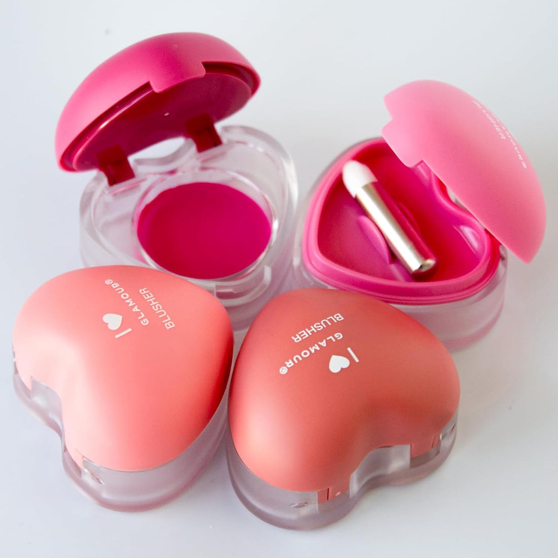 Heart Shaped Cream Cheek Balm, Set of 4, Multi-Use for Eyes, Cheeks, Lips with Brush, Natural Dewy Finish