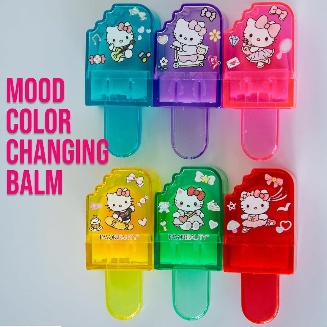Bundle Kawaii Hello Kitty Magic Color Changing Fruity Popsicle Mood Lip Balm Set of 6 Moisturizing Nourishing Chapped Lips Gifts For Women, Girls, Teens, Tweens Ages 3+