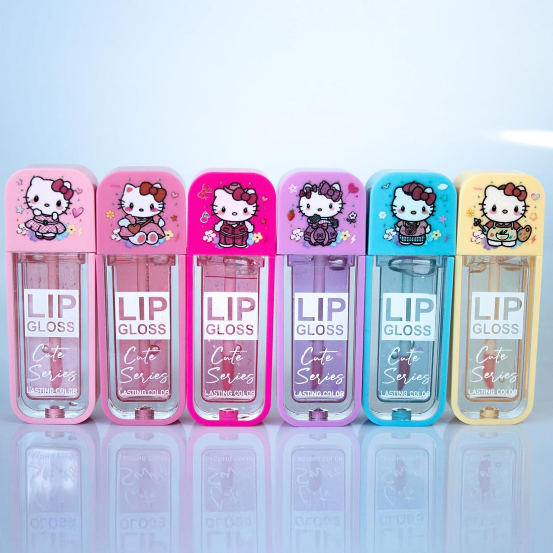 Bundle Cute Kawaii Hello Kitty Set of 6 Magic Mood Lip Gloss, PH activated color changing Scented Long Lasting Color, Non-Sticky Gifts, Party Favors Girls, Women, Teens