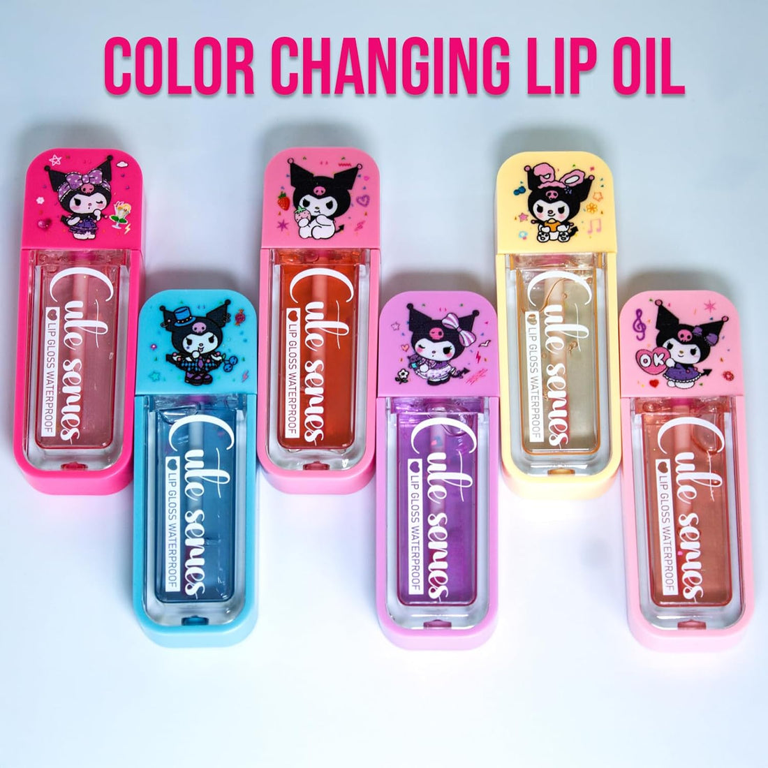 Bundle Cute Kawaii Kuromi Set of 6 Magic Mood Lip Gloss, PH activated color changing Scented Long Lasting Color, Non-Sticky Gifts, Party Favors Girls, Women, Teens