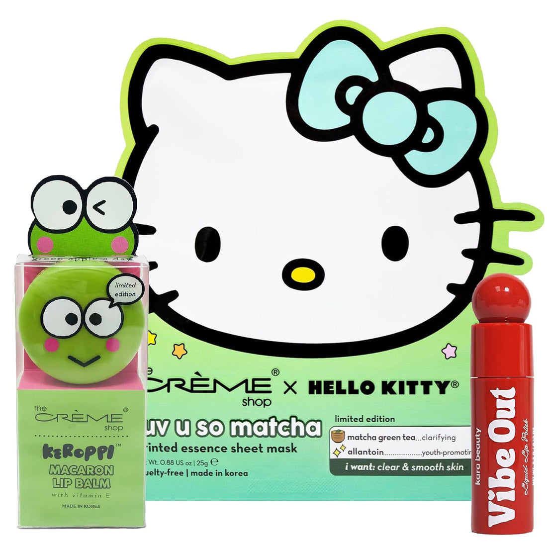 Hello Kitty X The Creme Shop Luv u so matcha Face Mask, Keroppi Macaroon Lip Balm, Kara Beauty Vibe Out