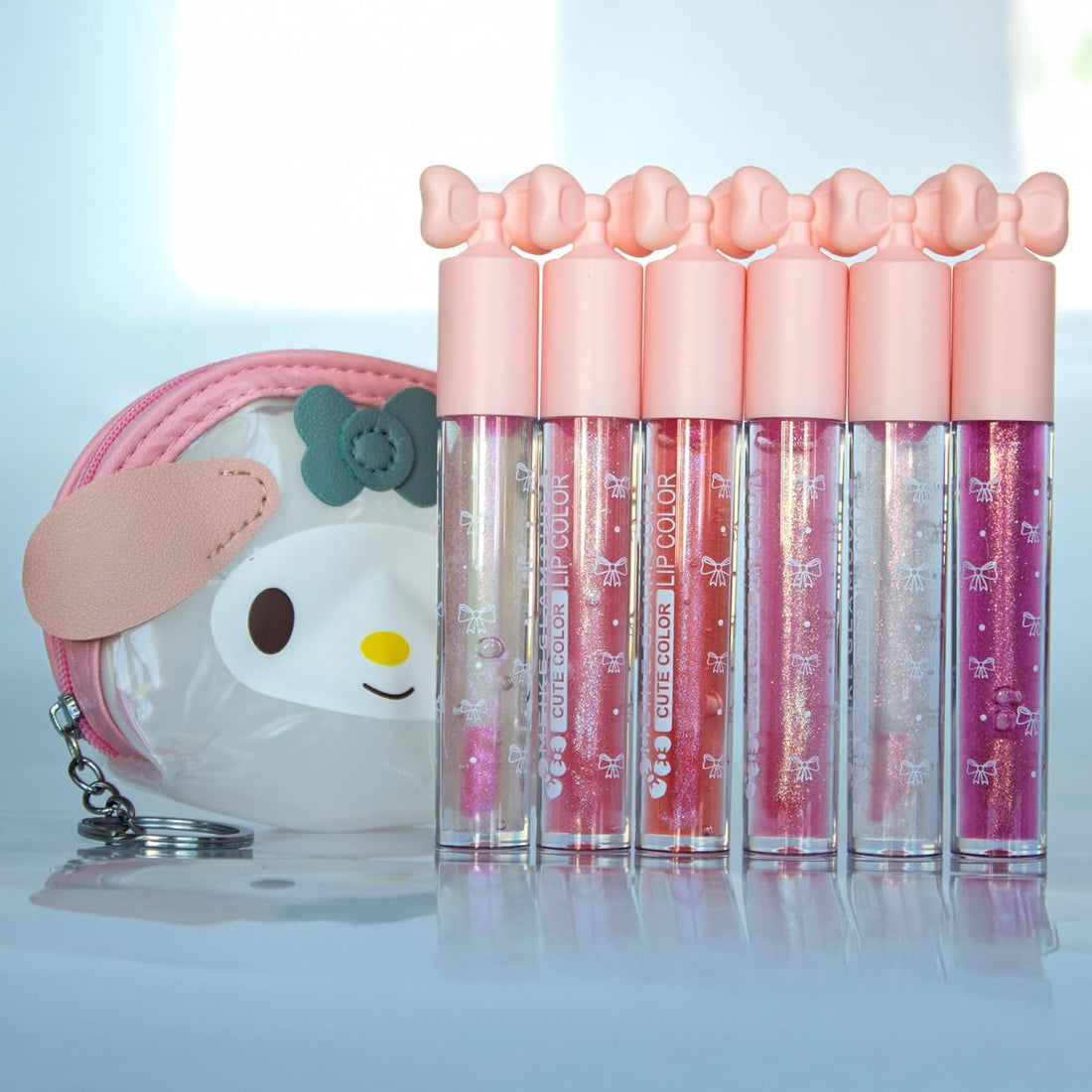Kawaii Makeup Bag with 6 Pink Lip Gloss Set, Color Changing Moisturizing Lip Oil, Fruit Scented, Travel Size Cosmetic Purse